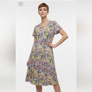 LuLaRoe Dress Retro Casual Twee Midi Purple Blue Abstract Tee S